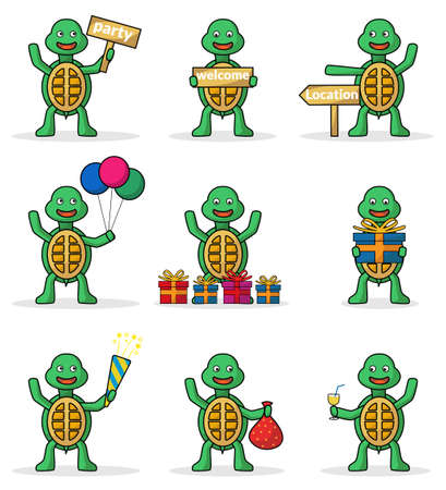 a collection of turtle characters celebrating a party. cute cartoon illustrationのイラスト素材
