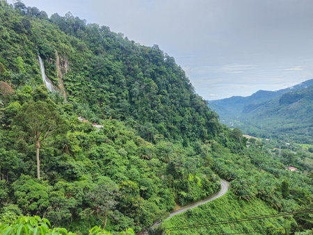 view of the winding road from the hill's viewpointの写真素材