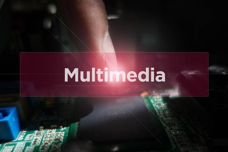 Close-up of electronic circuit board with word: Multimediaの写真素材