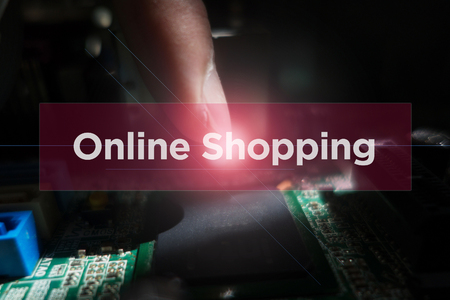 Close-up of electronic circuit board with word: Online Shoppingの写真素材