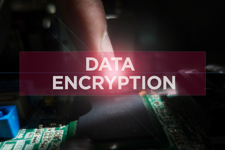 Cyber Security Concept: Close-up of electronic circuit board with Data Encryptionの写真素材