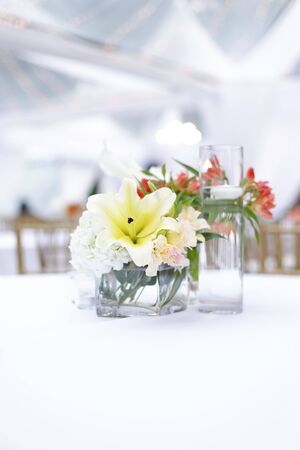 a flower decoration on a tableの写真素材