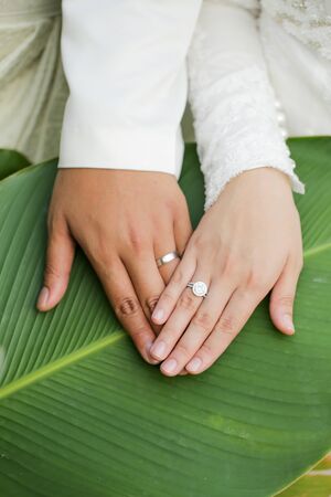 newly weds putting their hands together on a green leaf. the couple wear a beautiful and luxury wedding ringの写真素材