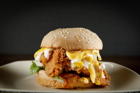 super delicious burger with melted cheese and french friesの写真素材