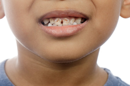 a boy with a rotten teeth problemの写真素材