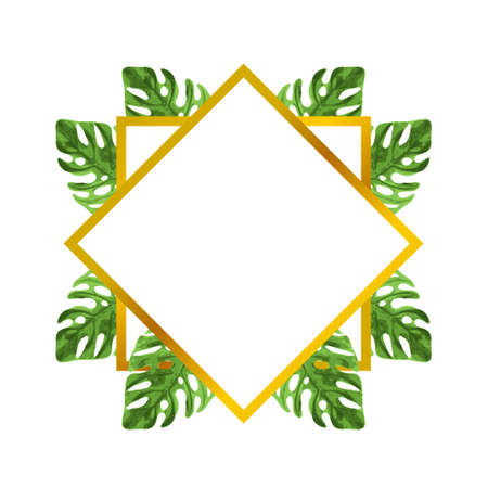 fresh tropical leaves decorative frame with golden borderのイラスト素材