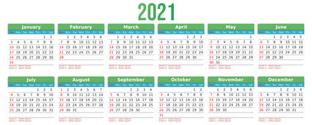 Colorful Year 2021 calendar vector design template. Calendar for 2021 on White Background. Week Starts on Sunday.のイラスト素材