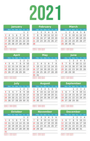 Colorful Year 2021 calendar vector design template. Calendar for 2021 on White Background. Week Starts on Sunday.のイラスト素材