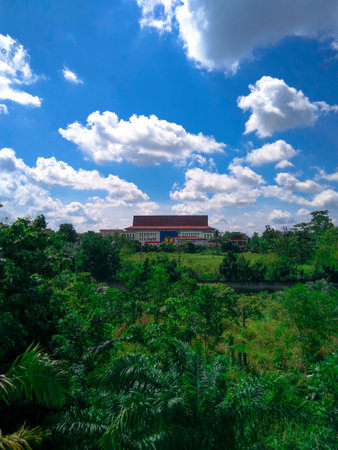 a building visible from a distance with the atmosphere of green trees and bright blue skiesのeditorial素材