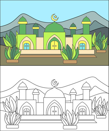 illustrations of landscapes and mosques that can be used for coloring purposes for childrenのイラスト素材