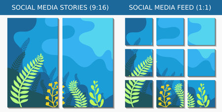 Collection of trendy abstract aesthetic blue floral background vector illustrations. Social media feeds and story backgrounds. print-ready modern wall poster decorationのイラスト素材