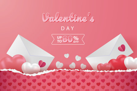 happy valentine's day banners sale promotion and discount, paper cut art style. Premium Vectorのイラスト素材