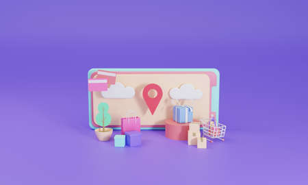 3D rendering flat illustration Online shopping store on mobile application of smartphone. Premium...