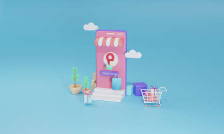 3D rendering flat illustration Online shopping store on mobile application of smartphone. Premium...