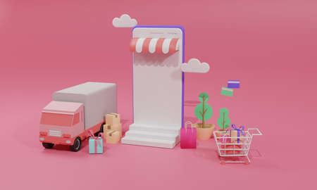 3D rendering flat illustration Online shopping store on mobile application and truck of smartphone....