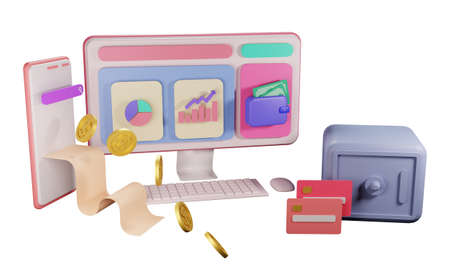 Finance and SEO or payment data for landing page website 3D rendering isolatedの写真素材