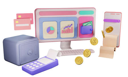 Finance and SEO or payment data for landing page website 3D rendering isolatedの写真素材