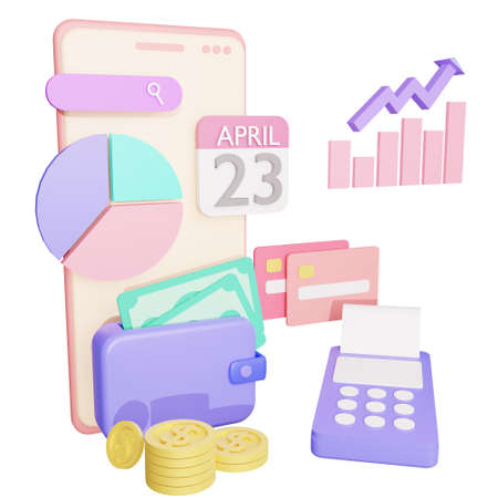 Finance and SEO or payment data for landing page website 3D rendering isolatedの写真素材