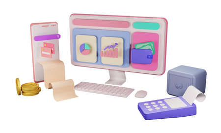 Finance and SEO or payment data for landing page website 3D rendering isolatedの写真素材