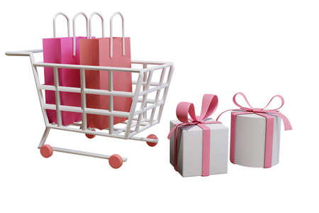 3D rendering flat illustration trolley and shopping bag gift. Premium illustrationの写真素材
