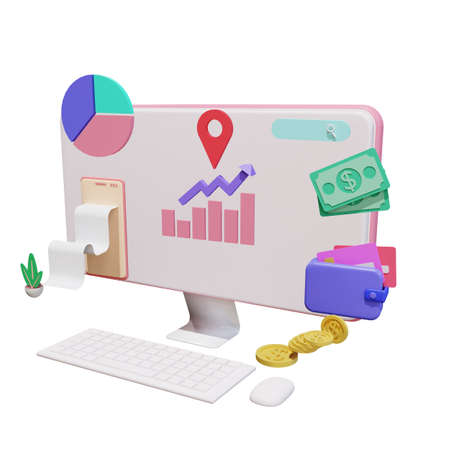 Finance and SEO or payment data for landing page website 3D rendering isolatedの写真素材