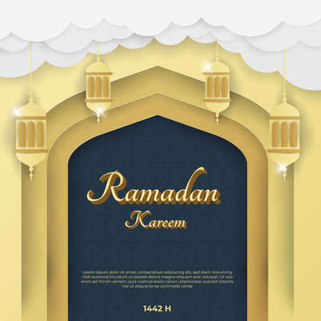 Ramadan kareem islamic background with gold dark blue paper cut style,のイラスト素材
