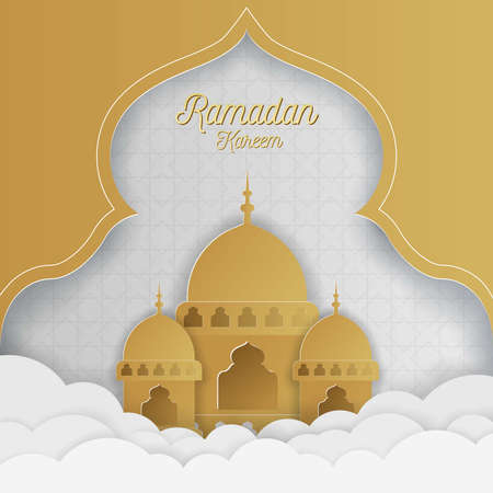 Ramadan kareem islamic background with gold white paper cut styleのイラスト素材