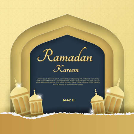 Ramadan kareem islamic background with gold dark blue paper cut styleのイラスト素材