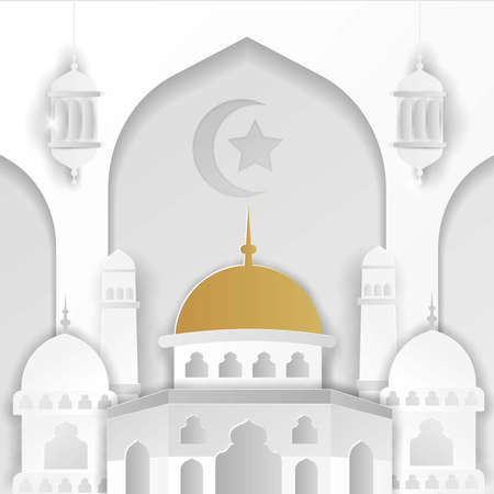 Ramadan kareem islamic background with gold white paper cut styleのイラスト素材