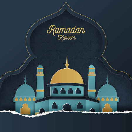 Ramadan kareem islamic background with tosca dark blue paper cut styleのイラスト素材