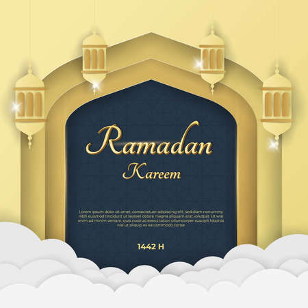 Ramadan kareem islamic background with gold dark blue paper cut styleのイラスト素材