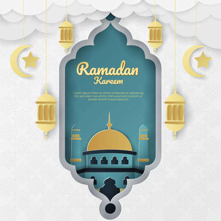 Ramadan kareem islamic background with white tosca gold paper cut styleのイラスト素材