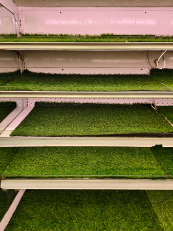 Organized display of synthetic green grass rolls on shelves under bright LED lighting in a professional commercial store settingの写真素材