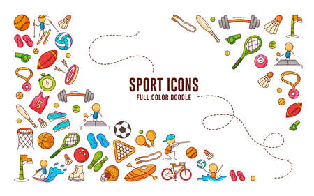 Sport Doodle Element, Sport Pattern Doodle, Hand Draw Doodle Sport, Sport Icon Set full color Filled Outlineのイラスト素材