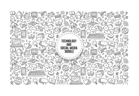 Technology and Social Media Doodle, Social Media Icon Doodle, Social Media Outline Doodleのイラスト素材