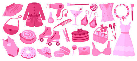 Trendy pinkcore elements set, 2000s style. Pink colors clothes, accessories and sweets and drinksのイラスト素材