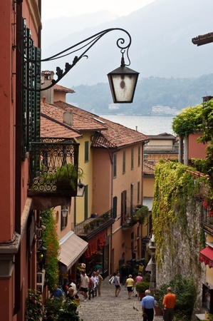 narrow street and lantern in Bellagio, lake Como, Italyのeditorial素材
