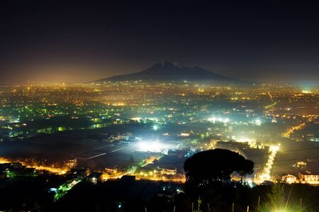 panorama of volcano Vesuvio and Pompei in the nightのeditorial素材