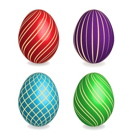 Four beautiful painted striped easter eggs on white background. 3D effect, shadows with blend option.のイラスト素材