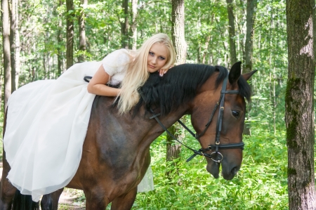 Beautiful bride on horseback in the forestの写真素材