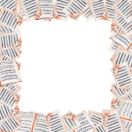 Frame with music notes and scores isolated on white background. Watercolor illustration with space for text, greetings and invitations perfect for card designs.の写真素材