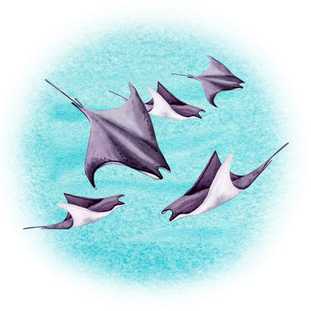 A Group of Manta Rays Aquatic Ocean Animals on Turquoise Blue Background. Hand Drawn Watercolor Illustration. For designs, printing and decoration.の写真素材