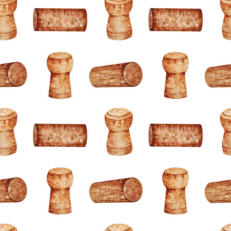 Seamless pattern with selection if champagne and wine corks design elements. Hand drawn watercolor illustration isolated on white background. Card, printing, textile, fabric, wrapping paper designの写真素材