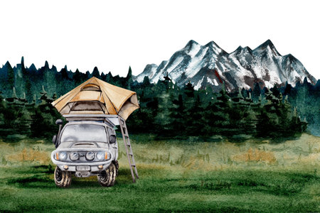 Camping card design template with 4x4 off road car, roof top tent and ladder. Mountains backdrop. For tourist or travel prints, cards, fliers. Watercolor illustration isolated on white background.の写真素材