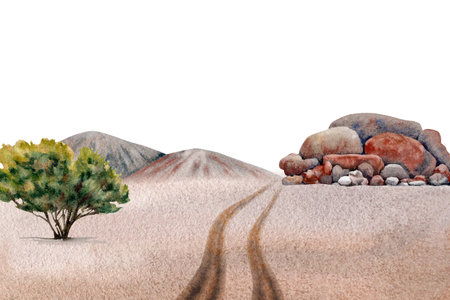 Outback landscape composition with sandy desert road, tree, hills, rock. Card design for touring, exploring, travel, camping. Copy space template. Watercolor illustration isolated on white backgroundの写真素材