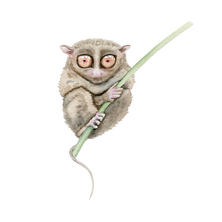 Tarsier. Watercolor illustration element isolated on white background. Hand drawn painting of native Philippines endangered nocturnal animal from Bohol Island. Tiny lemur-like primate with big eyesの写真素材