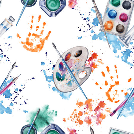 Paint and brushes seamless pattern with artist pallete, handprints and colorful splatter. Watercolor illustration isolated on white background. Artistic surface design for wallpaper, cover pages, cardの写真素材
