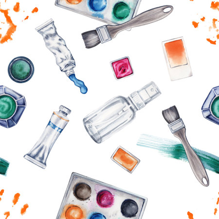Art materials seamless pattern on white  background. Brushes and paint tubes watercolor illustration. Ink bottle with spray bottle elements. Hand drawn surface design for book covers, wallpaper, cardsの写真素材