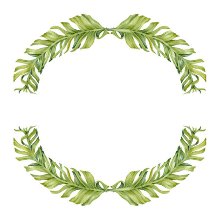 Wreath with exotic tropical green banana leaves frame composition. Hand drawn copy space watercolor isolated on white background. Natural botanical illustration for card design, prints, invitationsの写真素材
