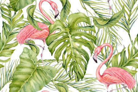 Flamingo bird with green banana, monstera and palm leaves. Tropical seamless pattern. Hand drawn watercolor on white background. Exotic botanical illustration for card designs, prints, wallpapersの写真素材